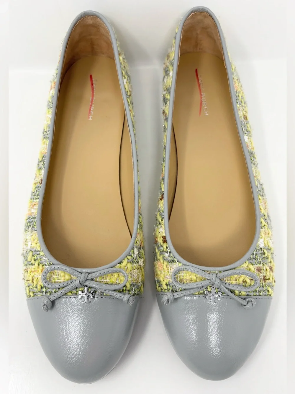 Tory Burch Tweed Ballet Flats Gray Yellow Leather Cap Toe Bow Size 9.5